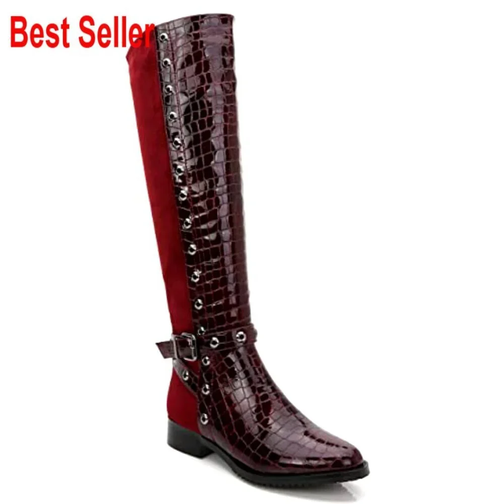 Faux Leather Knee-High Boots with Crocodile Print and Perforated Trim